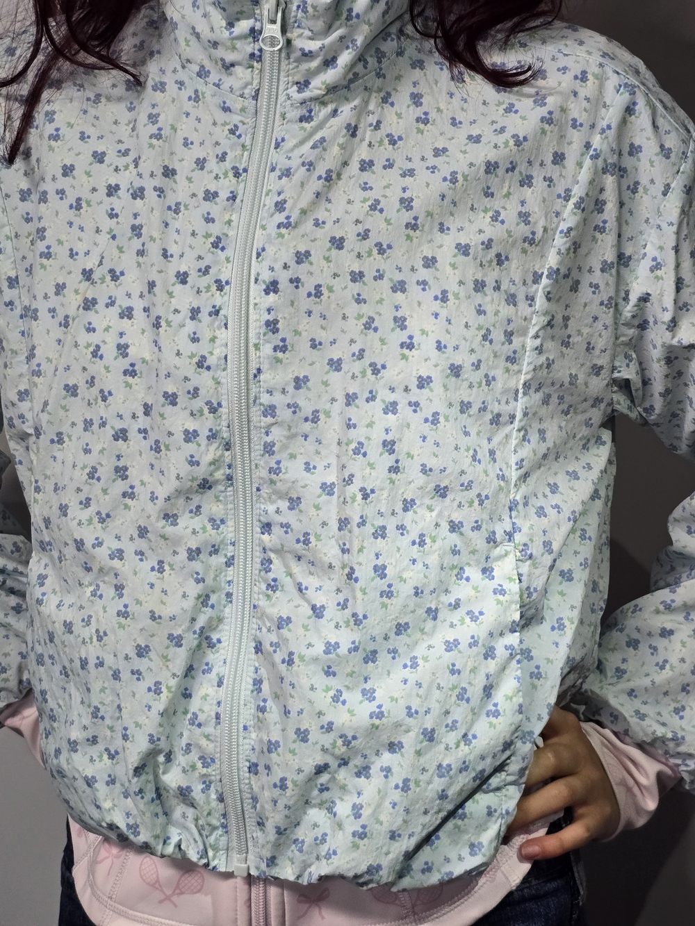 Light Blue Floral Jacket with Zip Front